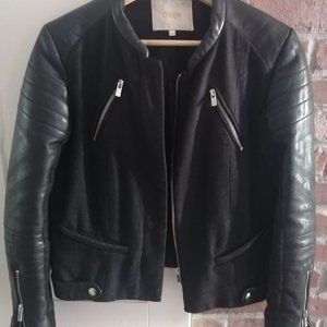 Maje Womens Black Linen Blend Leather Zip Front Moto Jacket Size 38